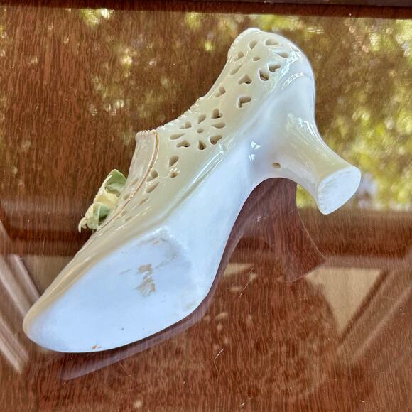 Vintage Porcelain Lattice Shoe with Applied Flowers – 8” Decorative Figurine - Picture 8 of 12